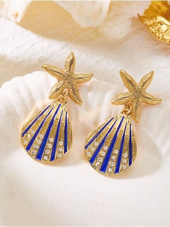 Vacation Themed Gold Blue Shell Earrings with Blue Enamel Shells