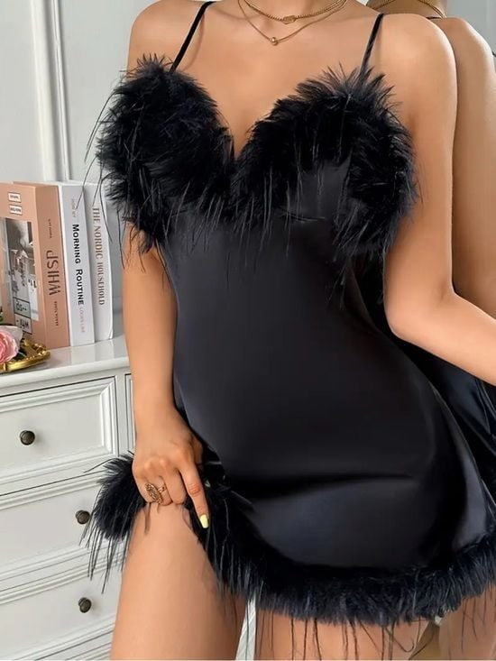 Black Feather Trim Satin Chemise - Women Intimates Medium