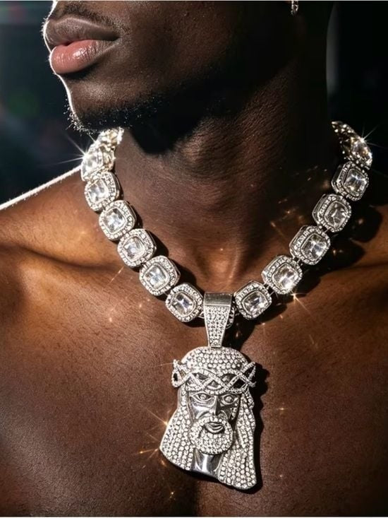 Jesus Face Pendant Necklace with Crystal Cuban Link Chain Big Jewelry Co