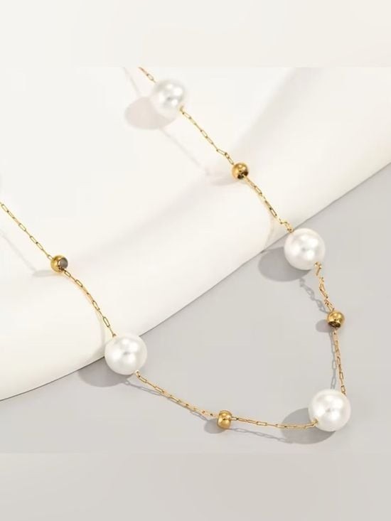 Gold Chain Pearl Station Necklace - Women Jewelry