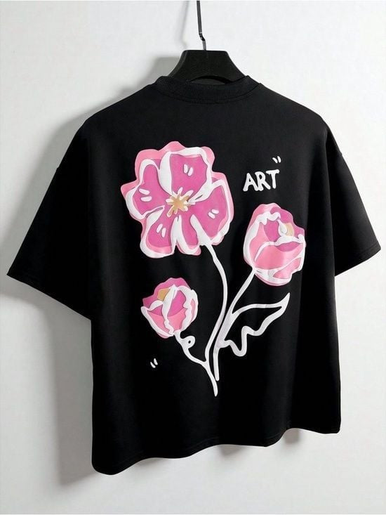 Embossed Black Tee with Pink Floral 'ART' Graphic Large