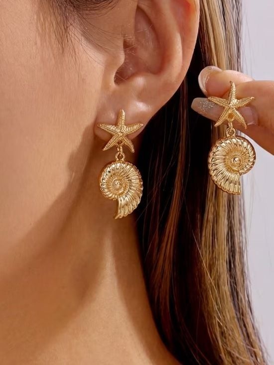 Gold Nautilus & Starfish Drop Earrings - Gold Tone