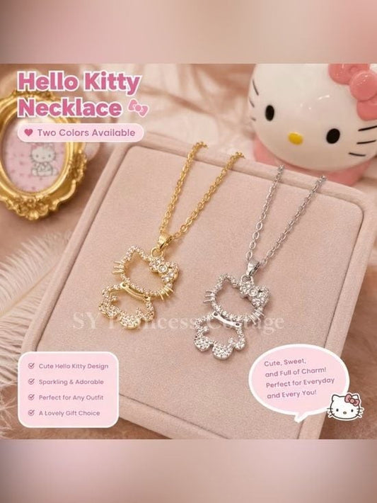 2 x Hello Kitty Crystal Pendant Necklace - Gold and Silver