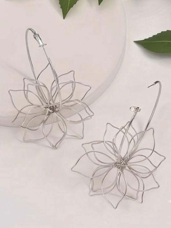 Silver Floral Wire Hoop Earrings - Openwork Lotus Design