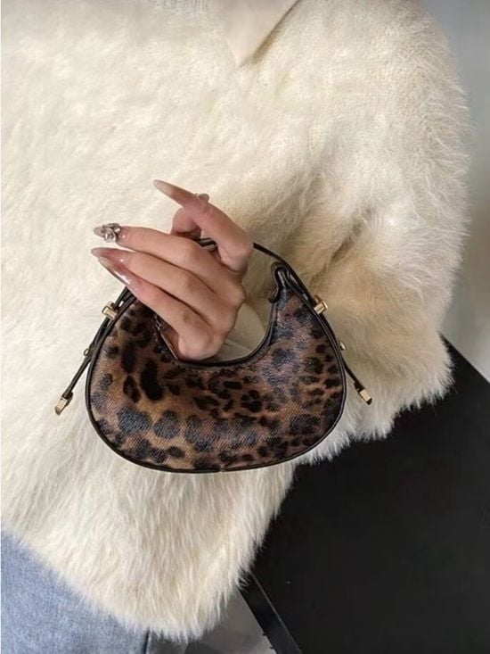 Leopard Print Mini Hand Bag with Gold Hardware