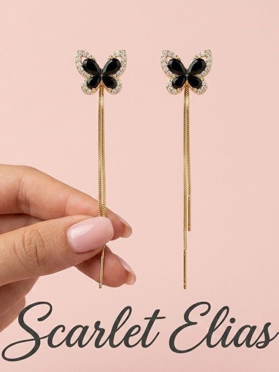 Black Enamel Butterfly Long Tassel Gold Accent Earrings