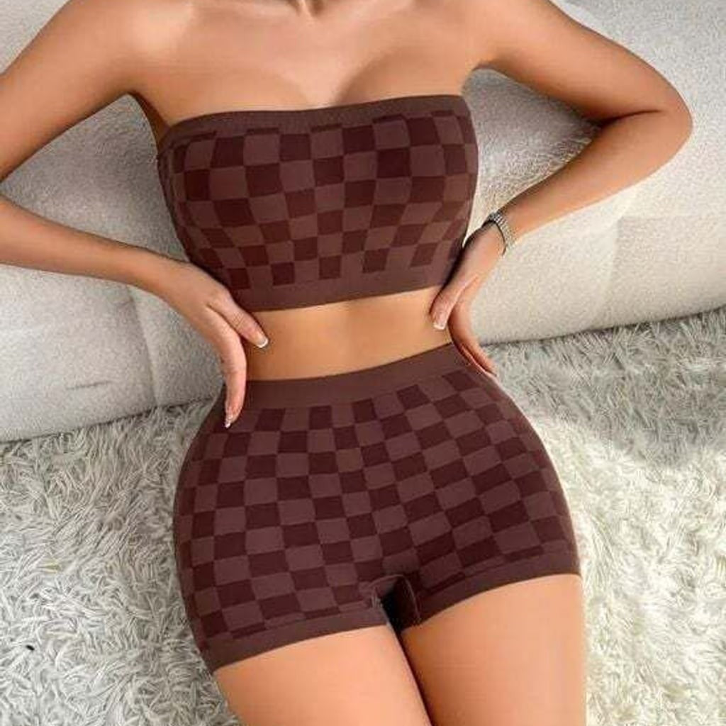 Seamless Checkerboard Strapless Crop Top in Brown