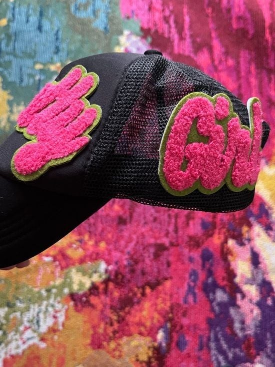 Custom Hat - Women's Black Trucker Hat with Pink Fuzzy Script Patch