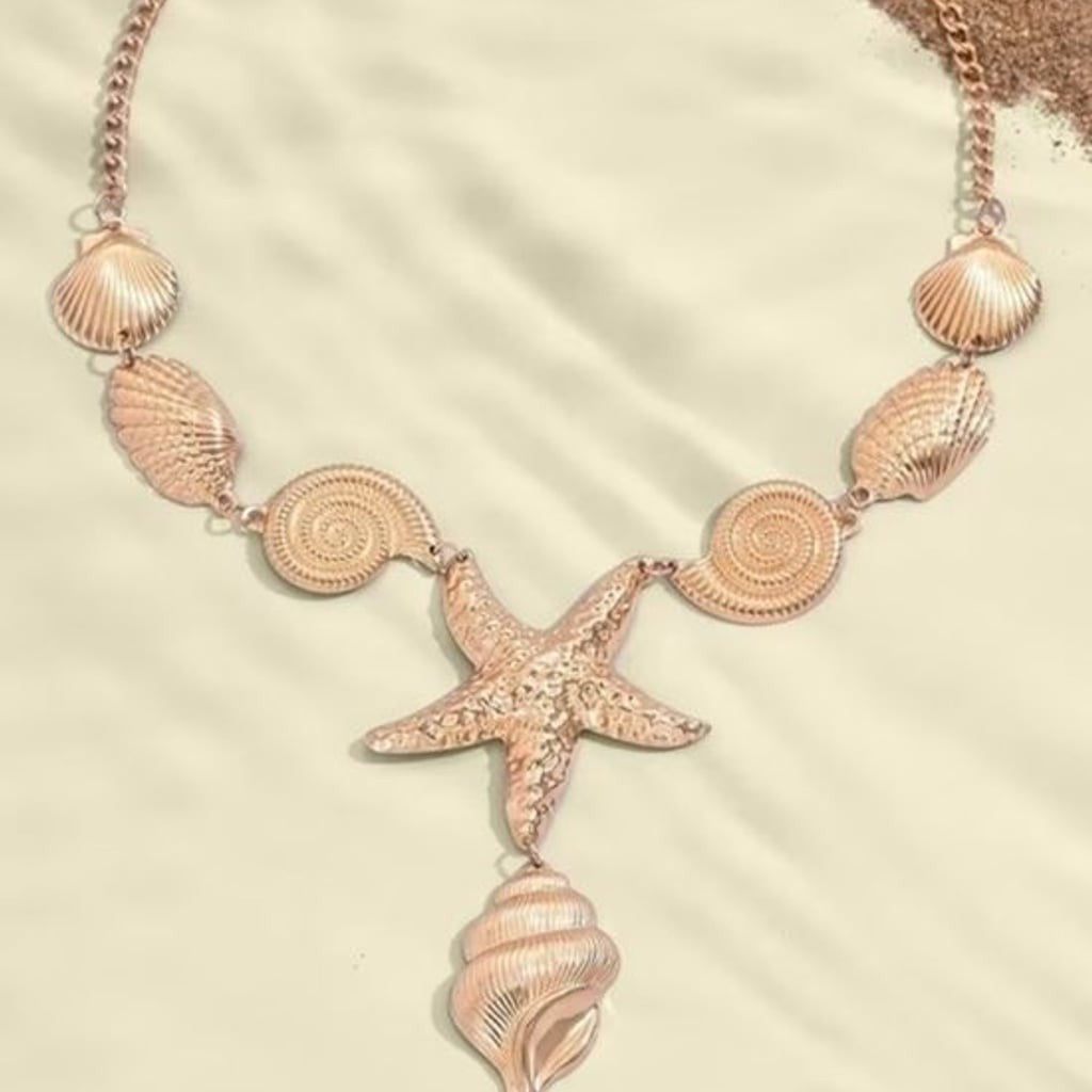 Gold Starfish and Seashell Pendant Necklace - Women Jewelry