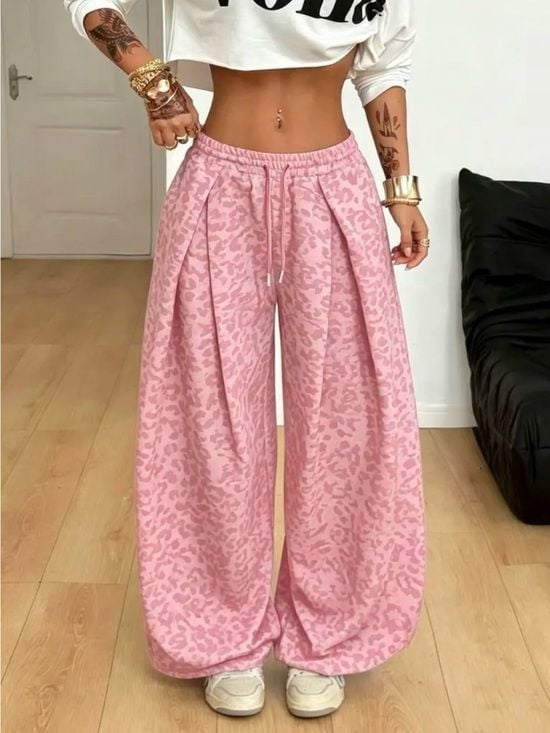 Shimmer Pink Leopard-Print Wide Leg Lounge Pants Large