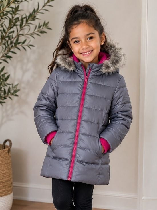 Calvin Klein Jeans Girls' Gray Puffer Coat with Pink Trim