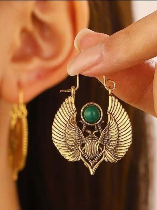 Gold Winged Scarab Earrings with Green Gemstone - Women Jewelry