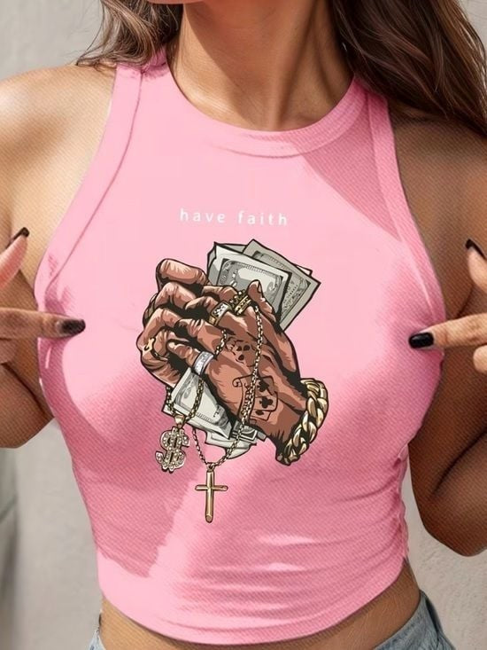 The Gangsta Print Modern Pink Graphic Crop Tank Top Small