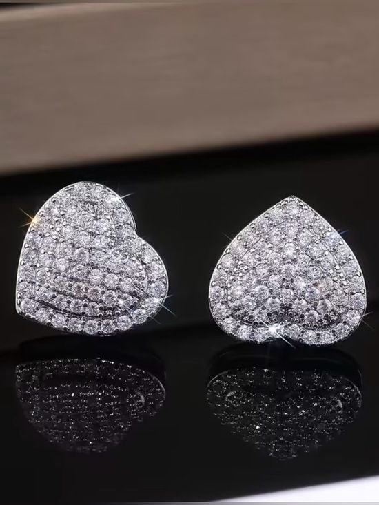 Sparkling Heart Pavé Stud Earrings - Silver Tone
