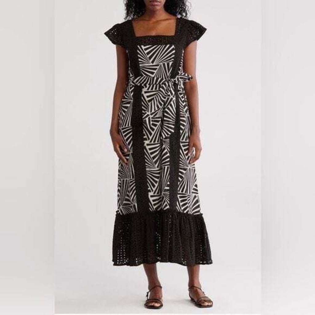 MAISIE Embroidered Chic Black and White Geometric Maxi Dress Sz XS