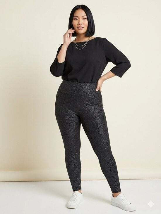 Terra & Sky Black Glitter High-Rise Fitted Leggings Sparkle Black Size 14w 0X