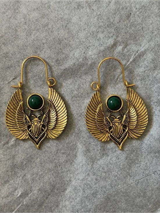 Gold Winged Scarab Earrings with Green Gemstone - Women Jewelry