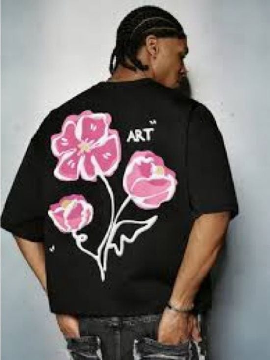 Embossed Black Tee with Pink Floral 'ART' Graphic Large