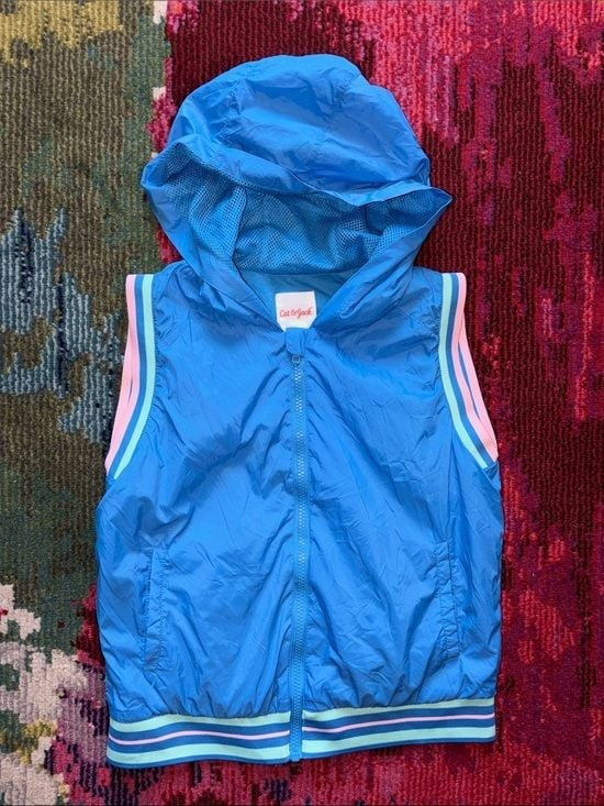 Cat & Jack Bright Blue Hooded Sleeveless Jacket with Pastel Stripe Trim 10/12 L