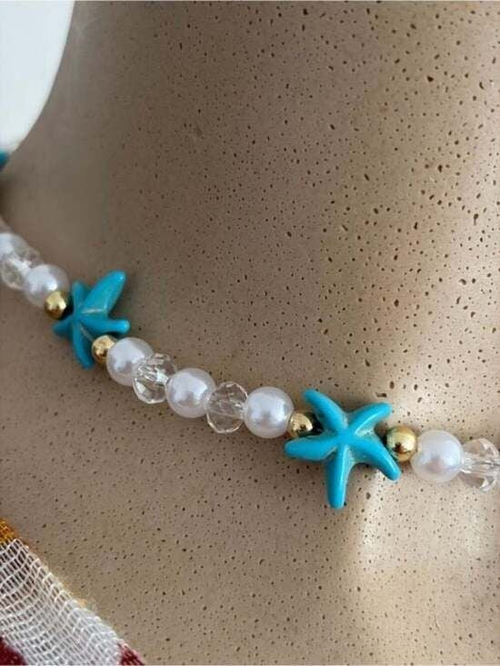 Turquoise Flower & Pearl Beaded Choker Necklace