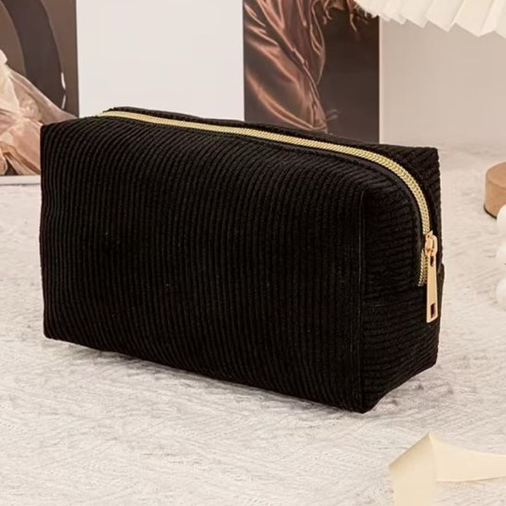 Classic Corduroy Wristlet Clutch - Elegant Black with Gold Zip
