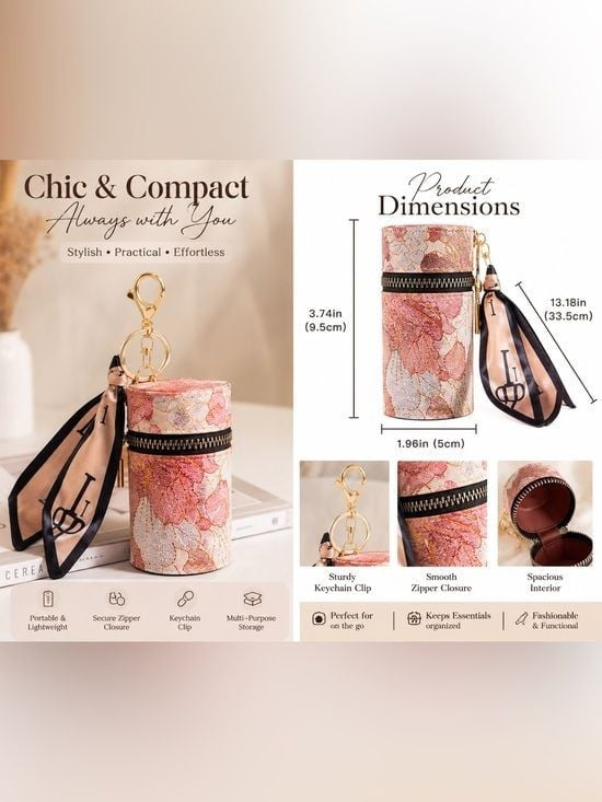 Pink Gold Cylinder Zipper Keychain Pouch Coin Purse Keychain
