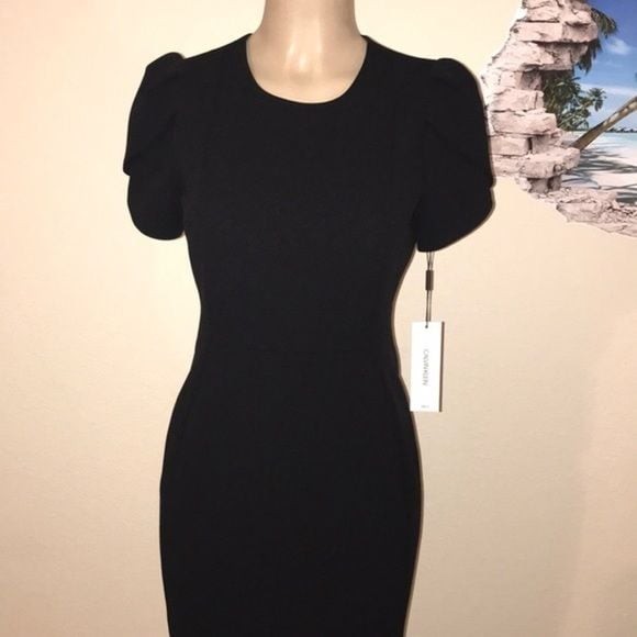 NWT Calvin Klein Classic Black Midi Tulip Sleeve Dress Sz 6