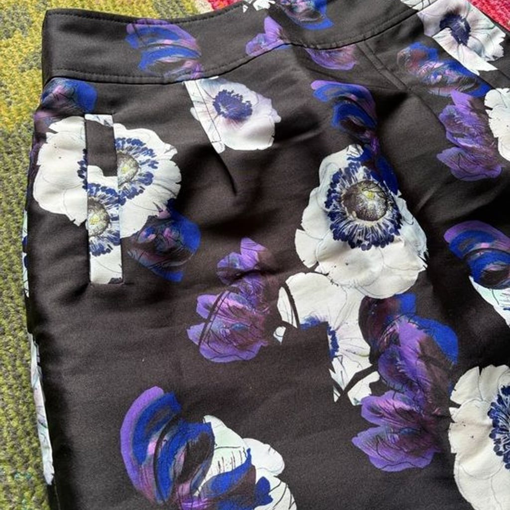 J. Crew Black Mini Skirt with White and Purple Floral Print Sz 4