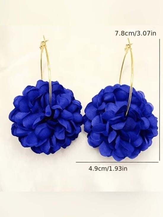 Gold Hoop Earrings with Royal Blue Floral Pom-Pomp