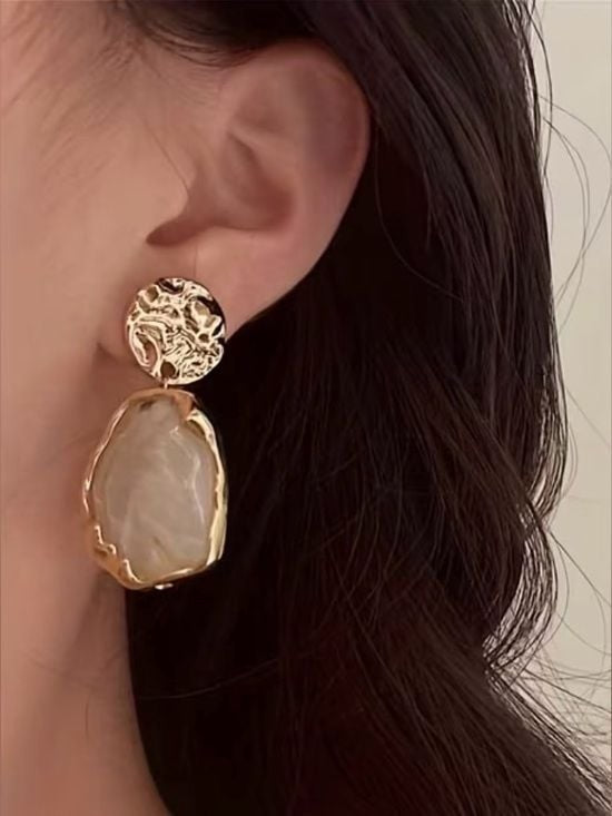 Gold-Tone Drop Earrings with Cream Sculpted Stone - Women Jewelry
