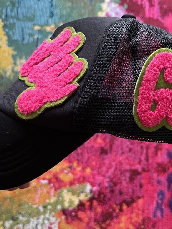Custom Hat - Women's Black Trucker Hat with Pink Fuzzy Script Patch