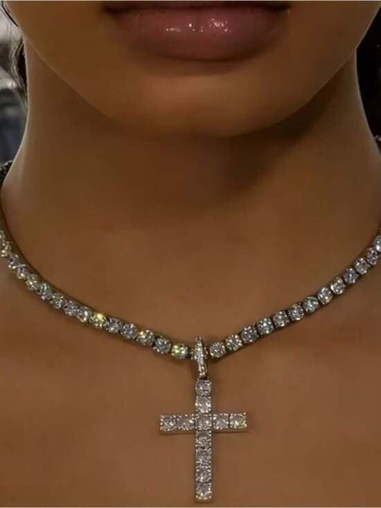 Divine Shine: Diamond Cross Tennis Necklace - White Gold Tone