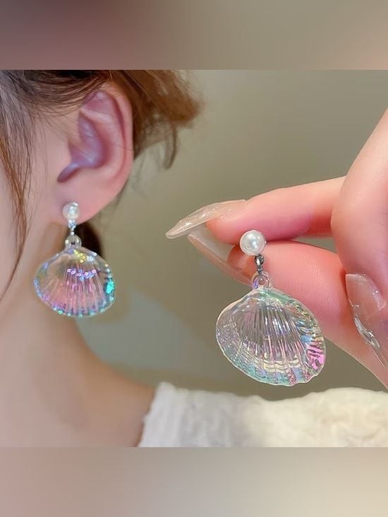 Iridescent Pearl Shell Drop Earrings - Women Jewelry