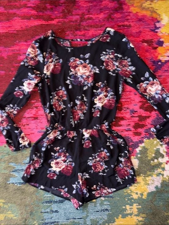 one clothing Black Floral Romper with Burgundy and Cream Roses Small