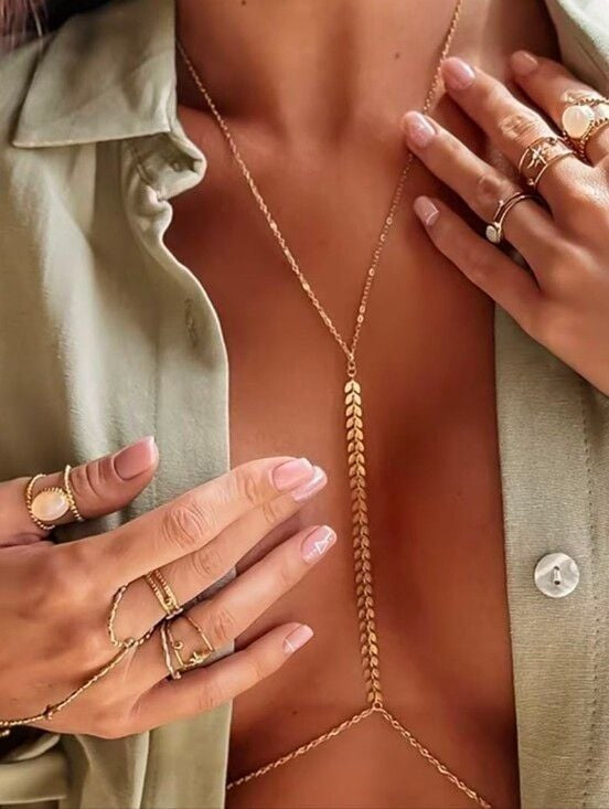 Gold Leaf Y-Chain Body Necklace - Elegant Women Jewelry
