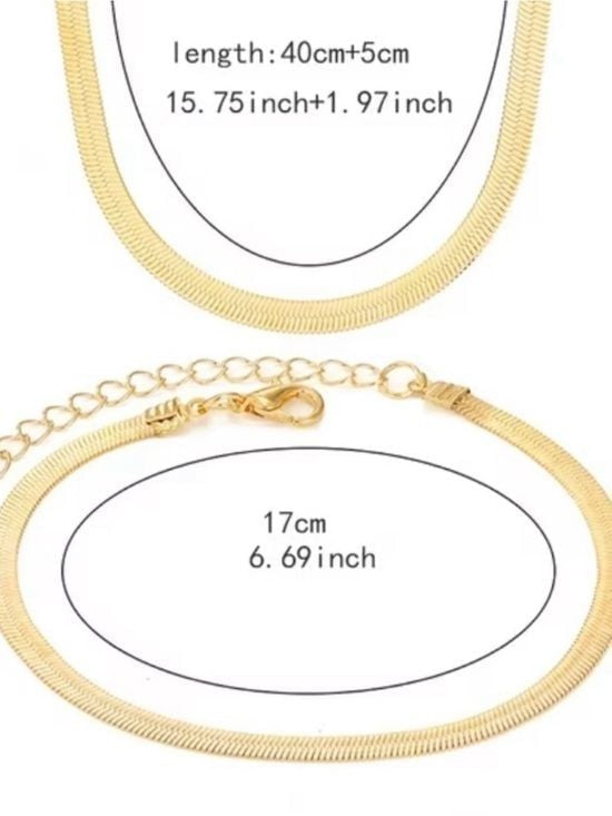 Minimal Gold Herringbone Necklace & Bracelet - Women's Jewelry Set