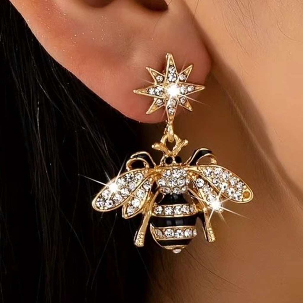 Gold Crystal Bee Drop Earrings - Women's Gold Bee Jewelry
