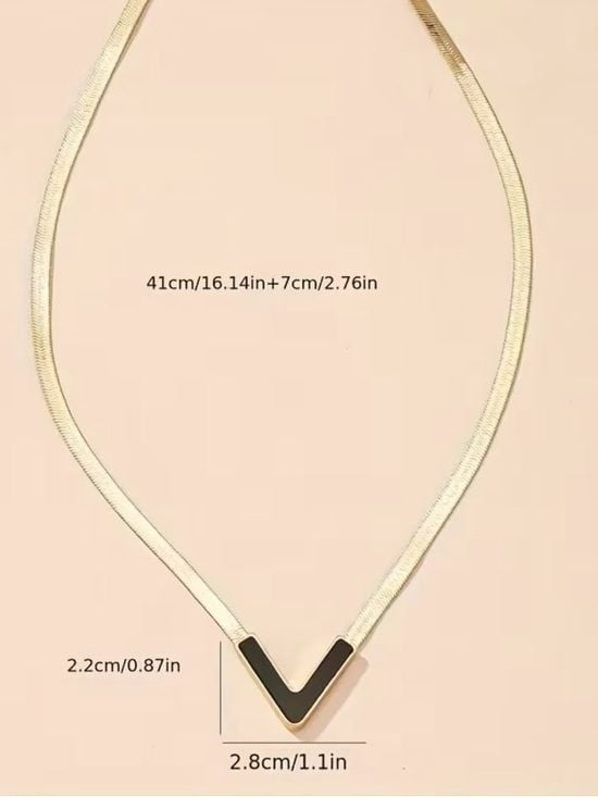 Gold Black Flat V-Shape Herringbone Necklace with Black Inlay - Women's Jewelry