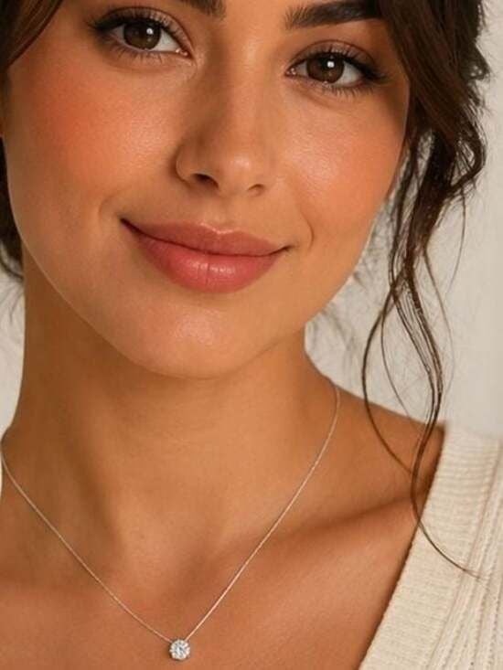 Delicate Solitaire Necklace with Clear Crystal Pendant - Silver Tone