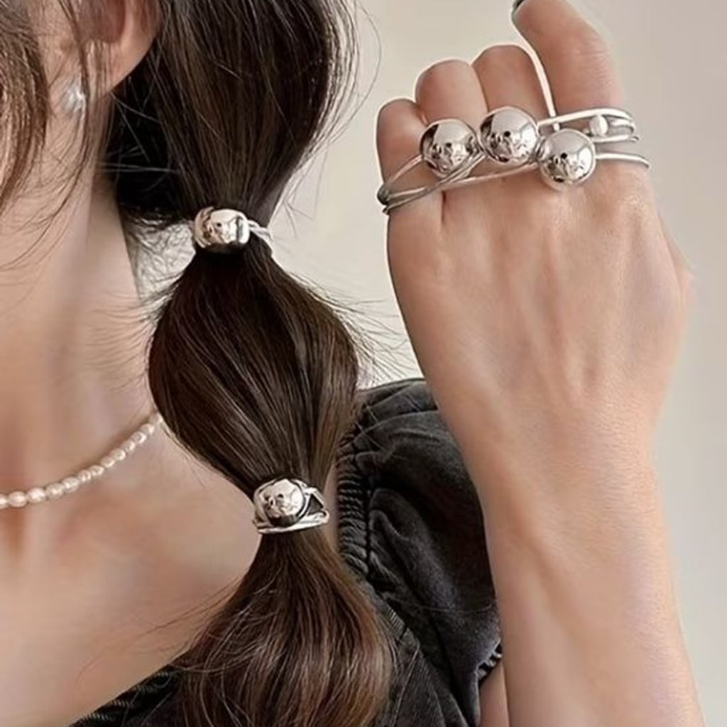 Sterling Silver-Tone Bead Hair Rings & Hair Tie Set - Silver