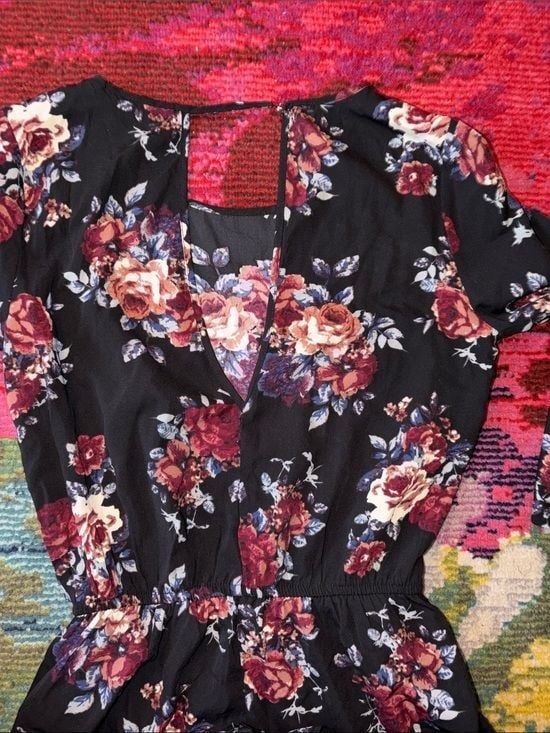 one clothing Black Floral Romper with Burgundy and Cream Roses Small