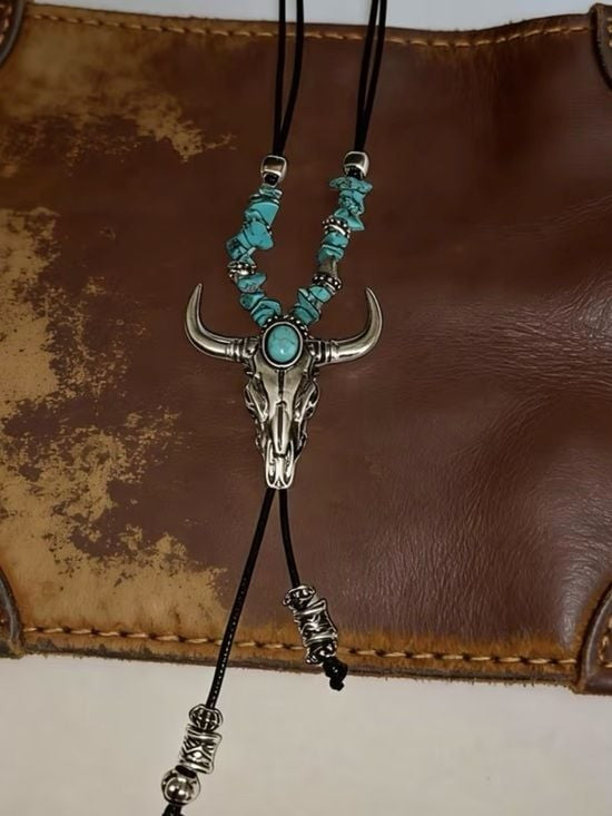 Turquoise Bead Bull Skull Choker Necklace - Women Jewelry