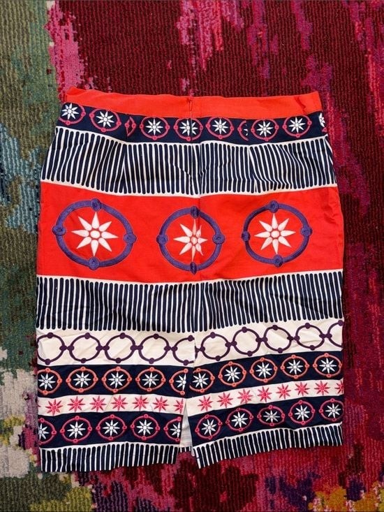 Boden Red, Navy and Cream Patterned Midi Skirt