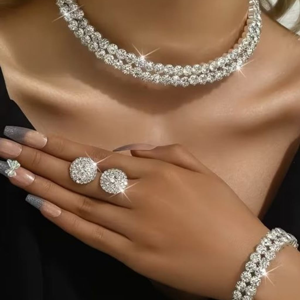Crystal Pavé Silver-Tone Necklace and Bracelet Set - Elegant White Sparkle