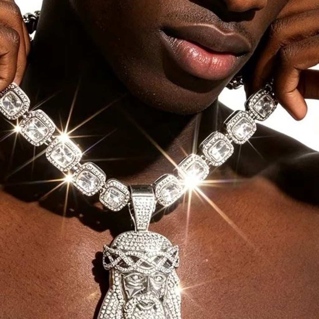 Iced Out Silver-Tone Jesus Face Pendant Necklace with Crystal Cuban Link Chain