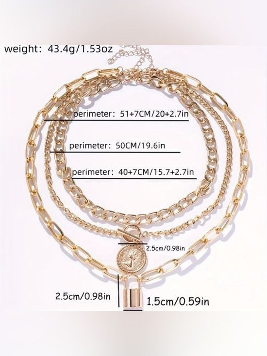 2 x Layered Coin & Lock Pendant Necklace Set Gold