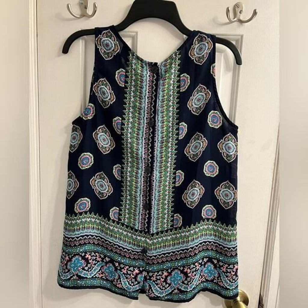 CYNTHIA ROWLEY Black Floral Print Tribal Print Blouse Sz M