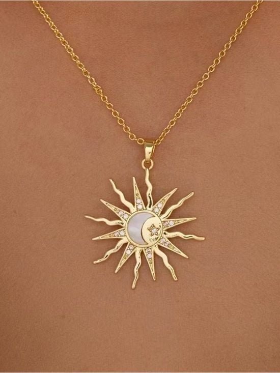 Gold Sun & Crescent Moon Pendant Necklace with Mother-of-Pearl Accent