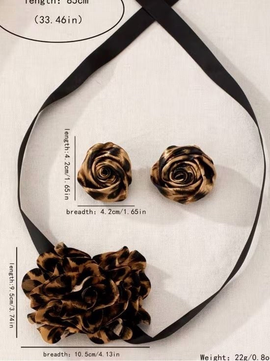Purple Leopard Jewelry Set Floral Choker Necklace & Rose Bud Earrings