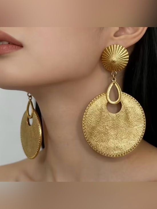 Textured Gold Drop Circle Earrings for Women